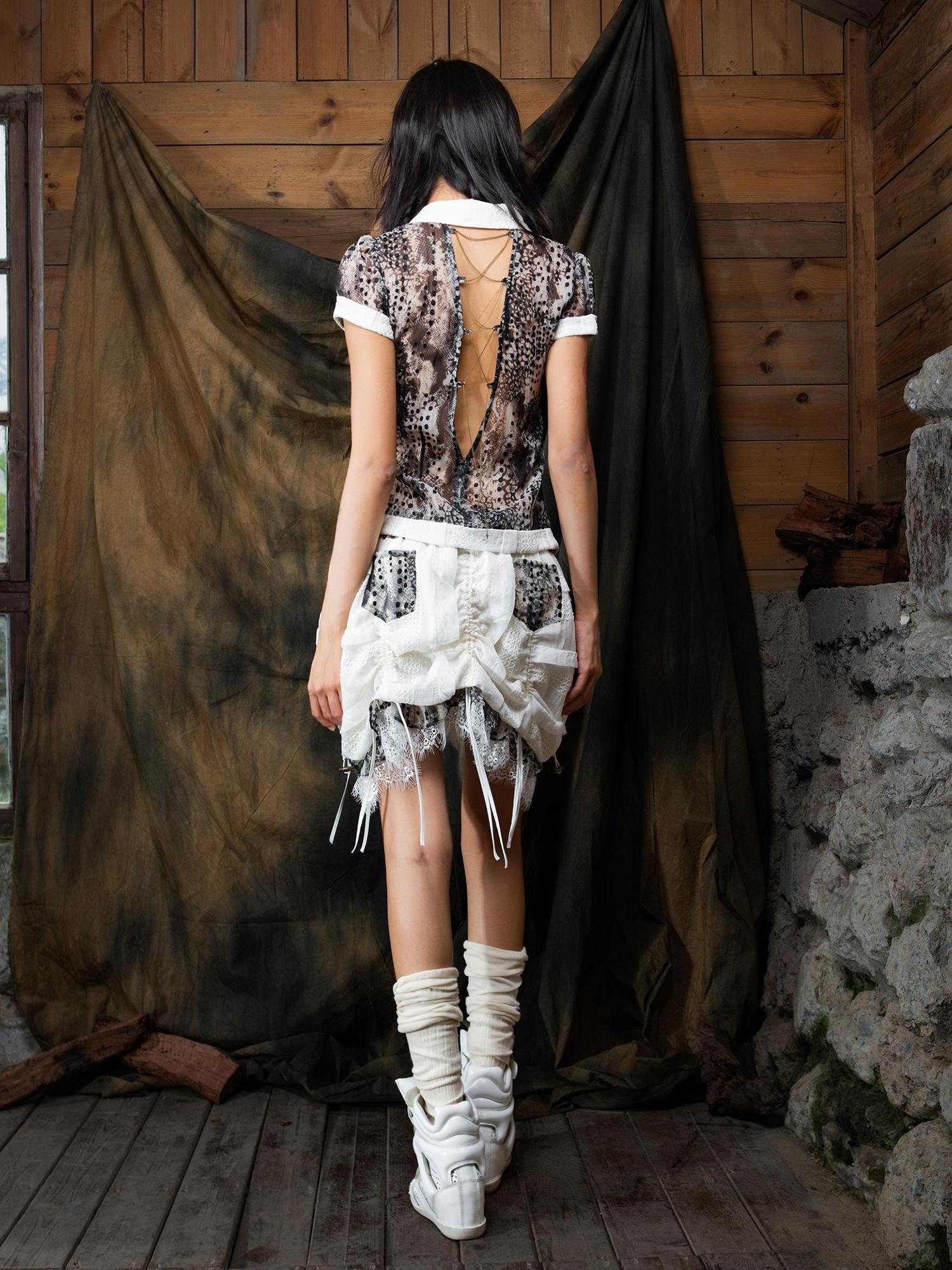 ARIADNAw Vintage Sheer Cross Chiffon Backless Blouse