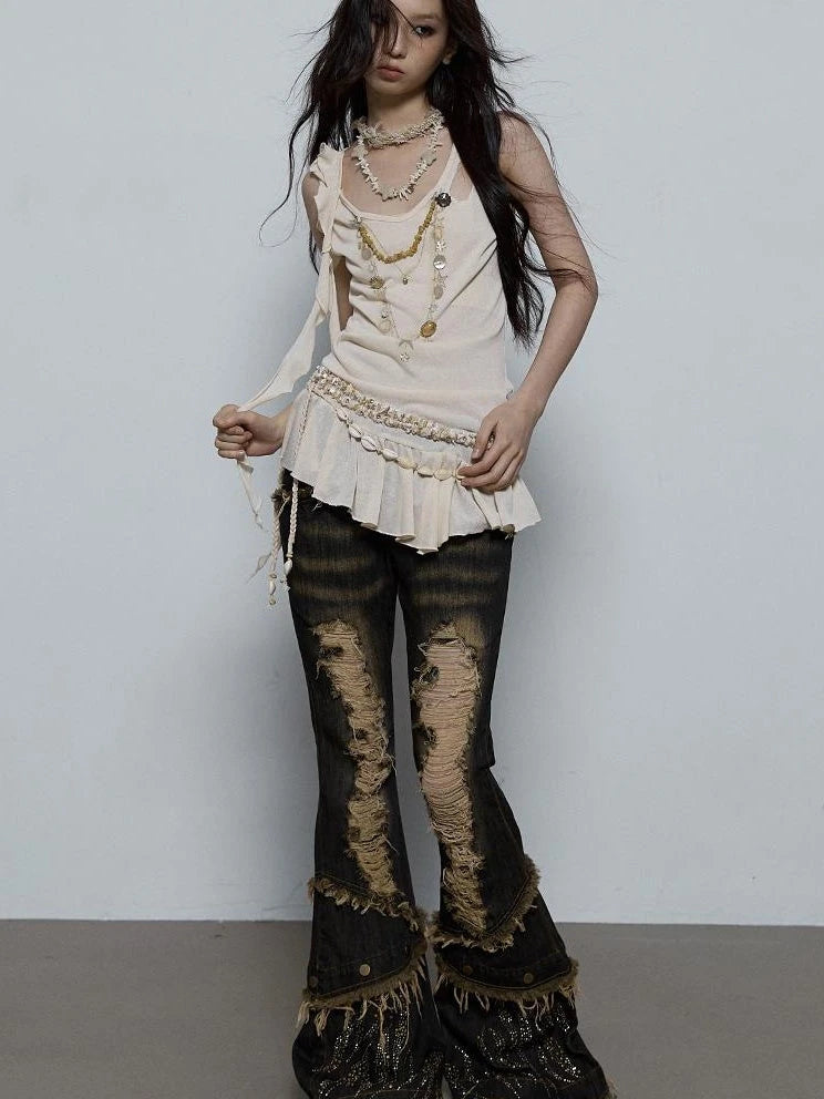 Vintage Shell Necklace Handmade Lace Trim Camisole Top