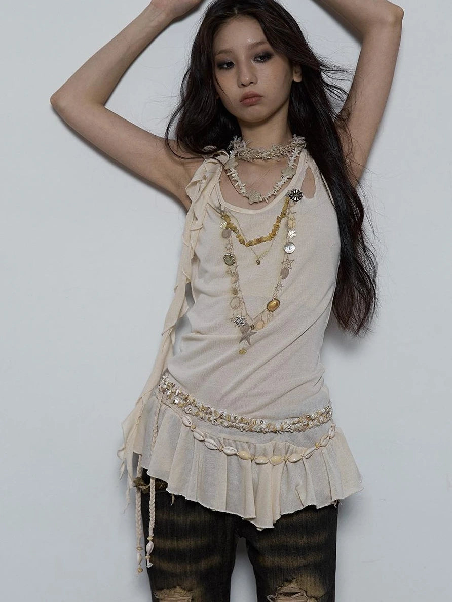 Vintage Shell Necklace Handmade Lace Trim Camisole Top