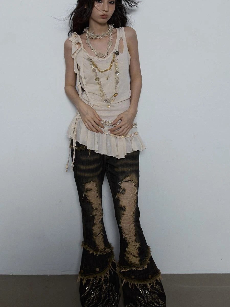 Vintage Shell Necklace Handmade Lace Trim Camisole Top