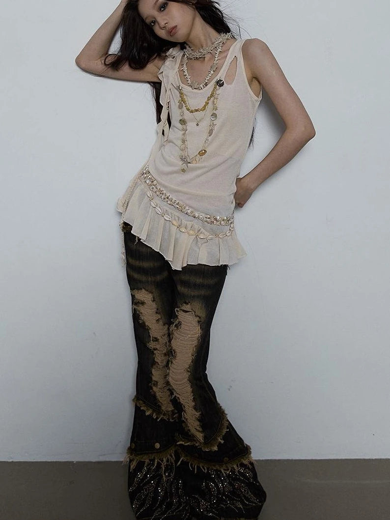 Vintage Shell Necklace Handmade Lace Trim Camisole Top