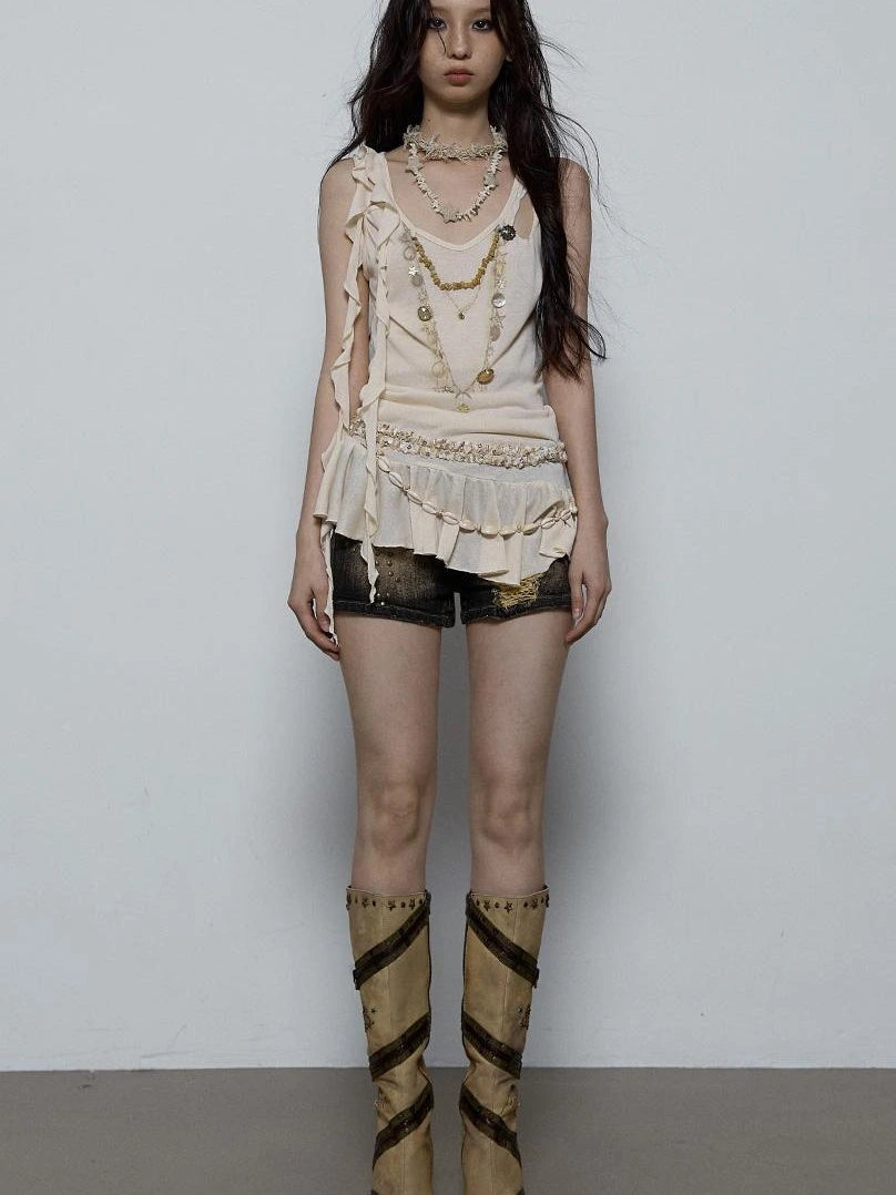 Vintage Shell Necklace Handmade Lace Trim Camisole Top