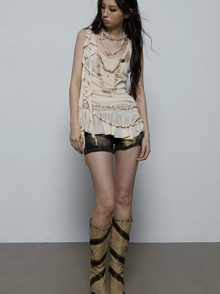 Vintage Shell Necklace Handmade Lace Trim Camisole Top