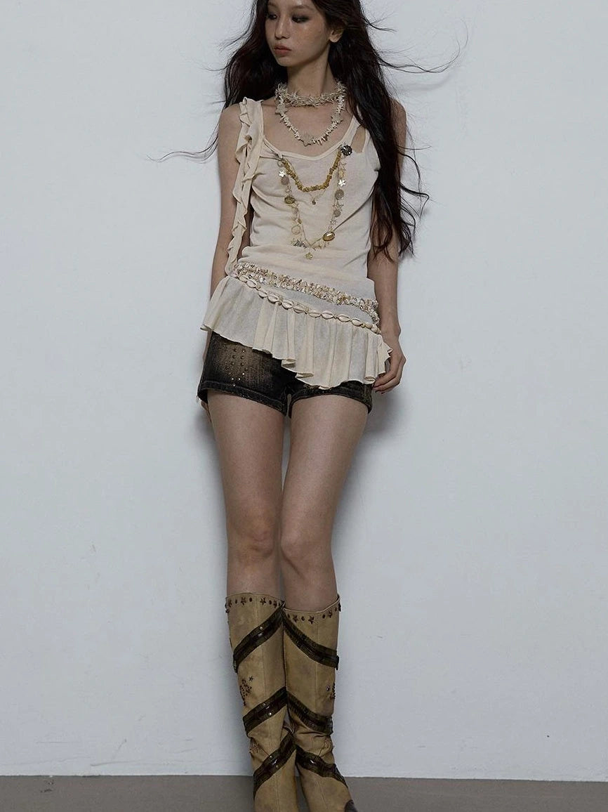 Vintage Shell Necklace Handmade Lace Trim Camisole Top