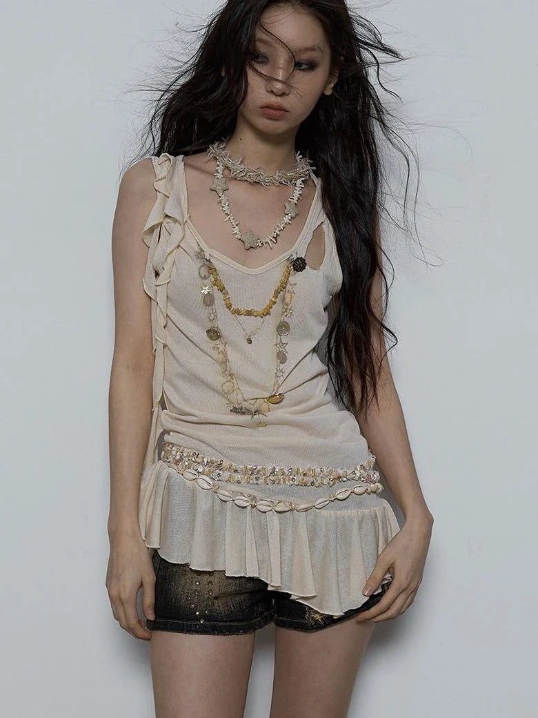 Vintage Shell Necklace Handmade Lace Trim Camisole Top