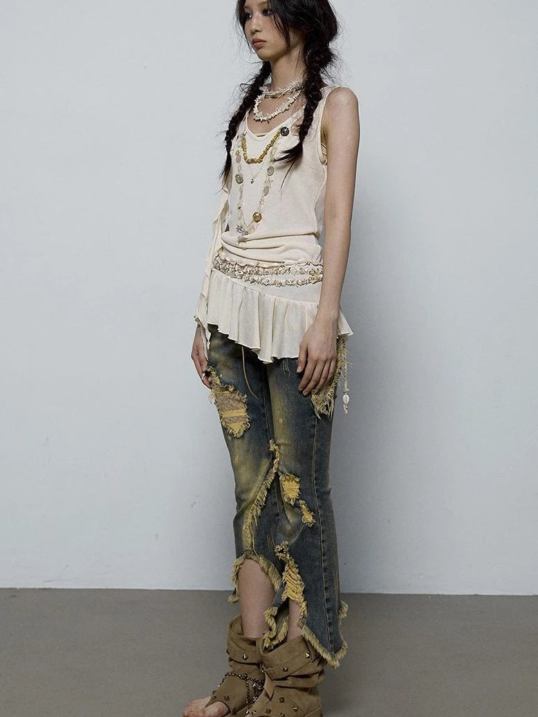Vintage Shell Necklace Handmade Lace Trim Camisole Top