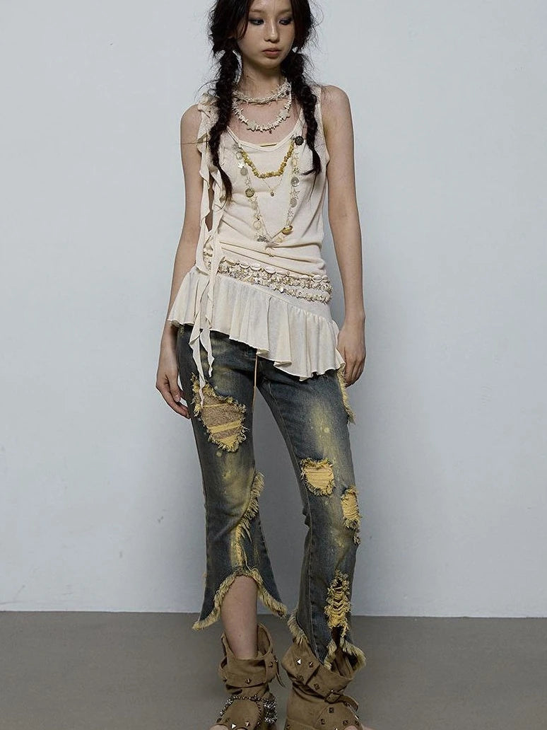 Vintage Shell Necklace Handmade Lace Trim Camisole Top