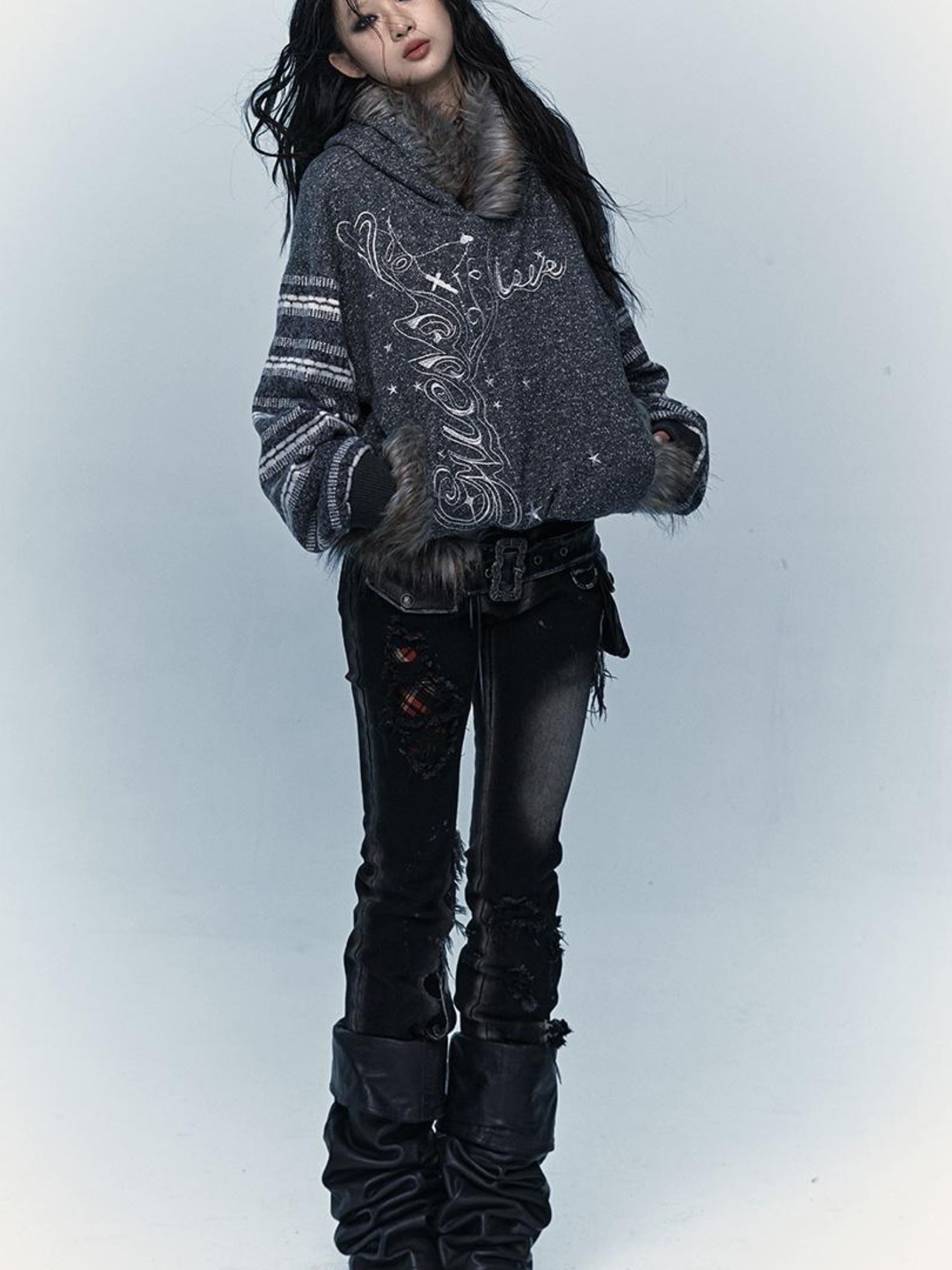 NO ROMANCE Vintage Shibuya Y2K Hoodie Women Loose Fleece Embroidered Pullover