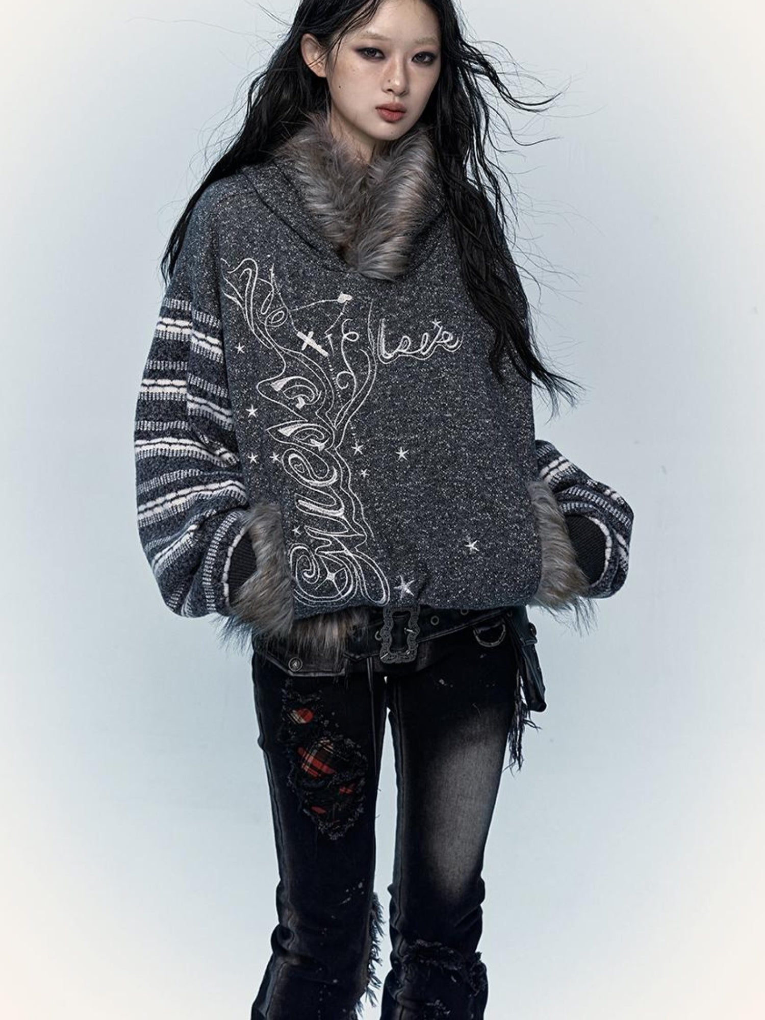 NO ROMANCE Vintage Shibuya Y2K Hoodie Women Loose Fleece Embroidered Pullover