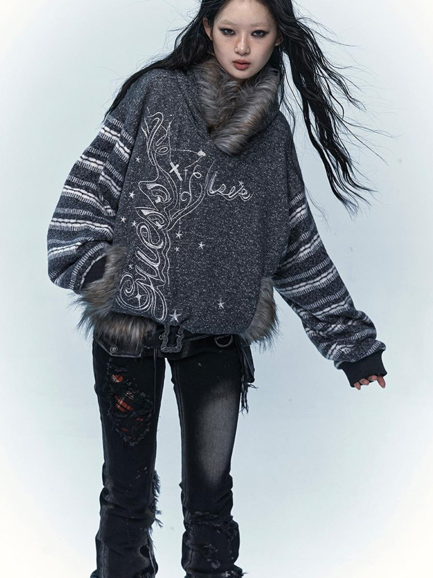 NO ROMANCE Vintage Shibuya Y2K Hoodie Women Loose Fleece Embroidered Pullover