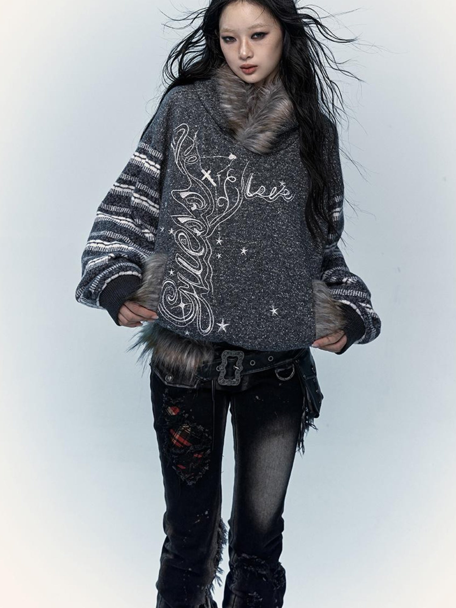 NO ROMANCE Vintage Shibuya Y2K Hoodie Women Loose Fleece Embroidered Pullover