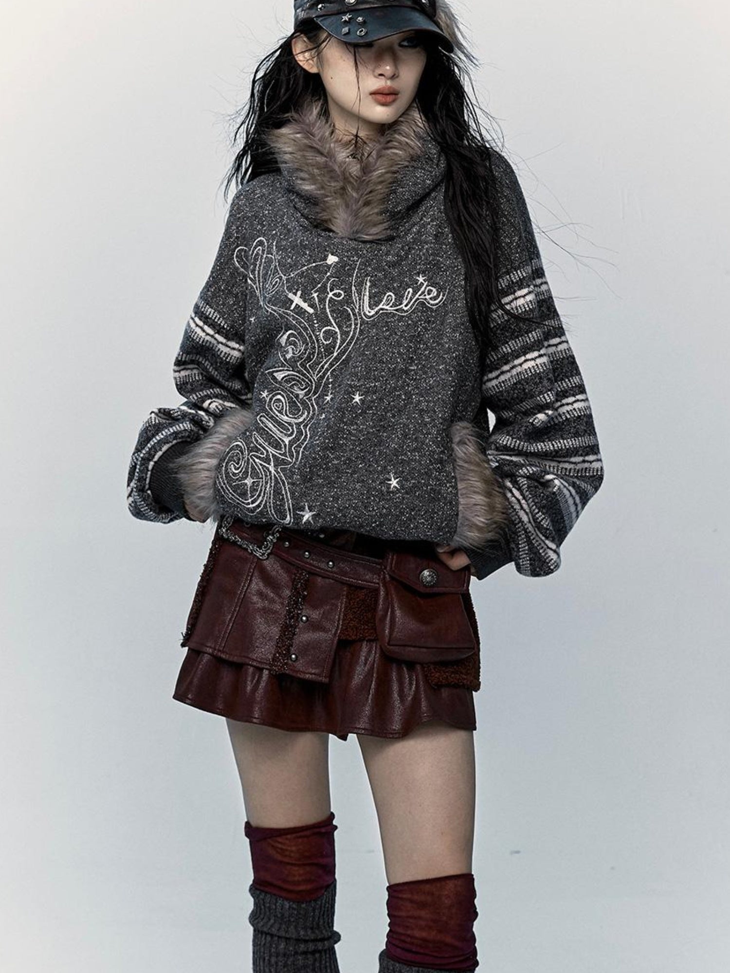 NO ROMANCE Vintage Shibuya Y2K Hoodie Women Loose Fleece Embroidered Pullover