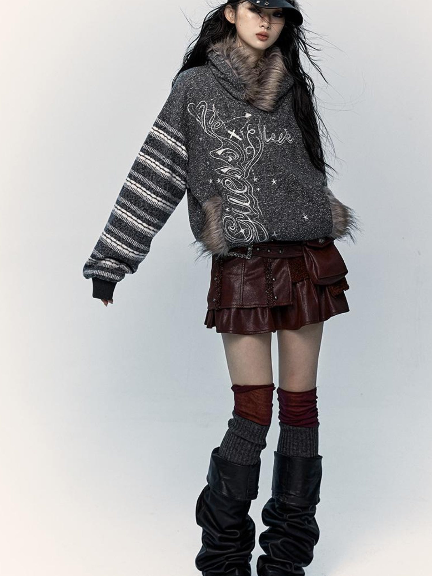 NO ROMANCE Vintage Shibuya Y2K Hoodie Women Loose Fleece Embroidered Pullover