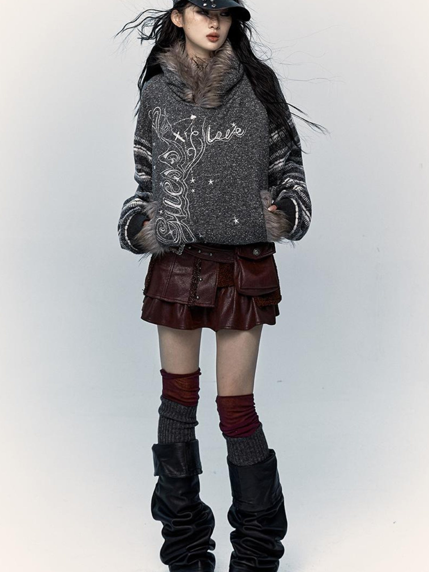 NO ROMANCE Vintage Shibuya Y2K Hoodie Women Loose Fleece Embroidered Pullover