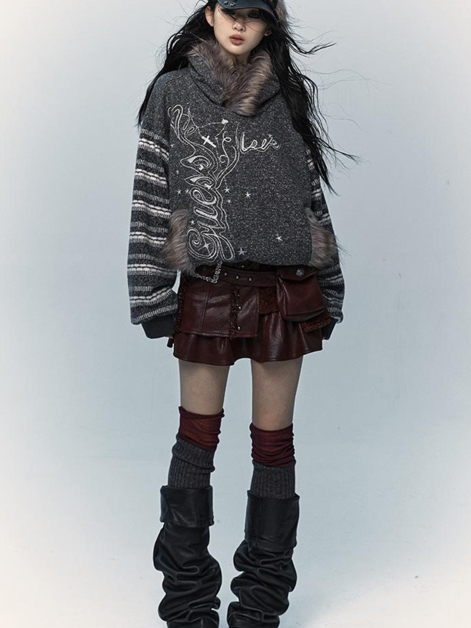 NO ROMANCE Vintage Shibuya Y2K Hoodie Women Loose Fleece Embroidered Pullover