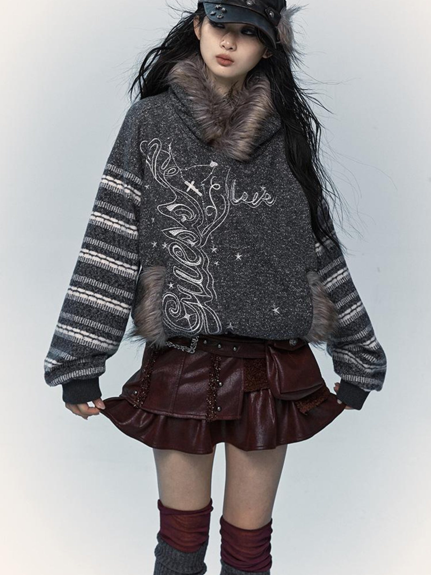 NO ROMANCE Vintage Shibuya Y2K Hoodie Women Loose Fleece Embroidered Pullover