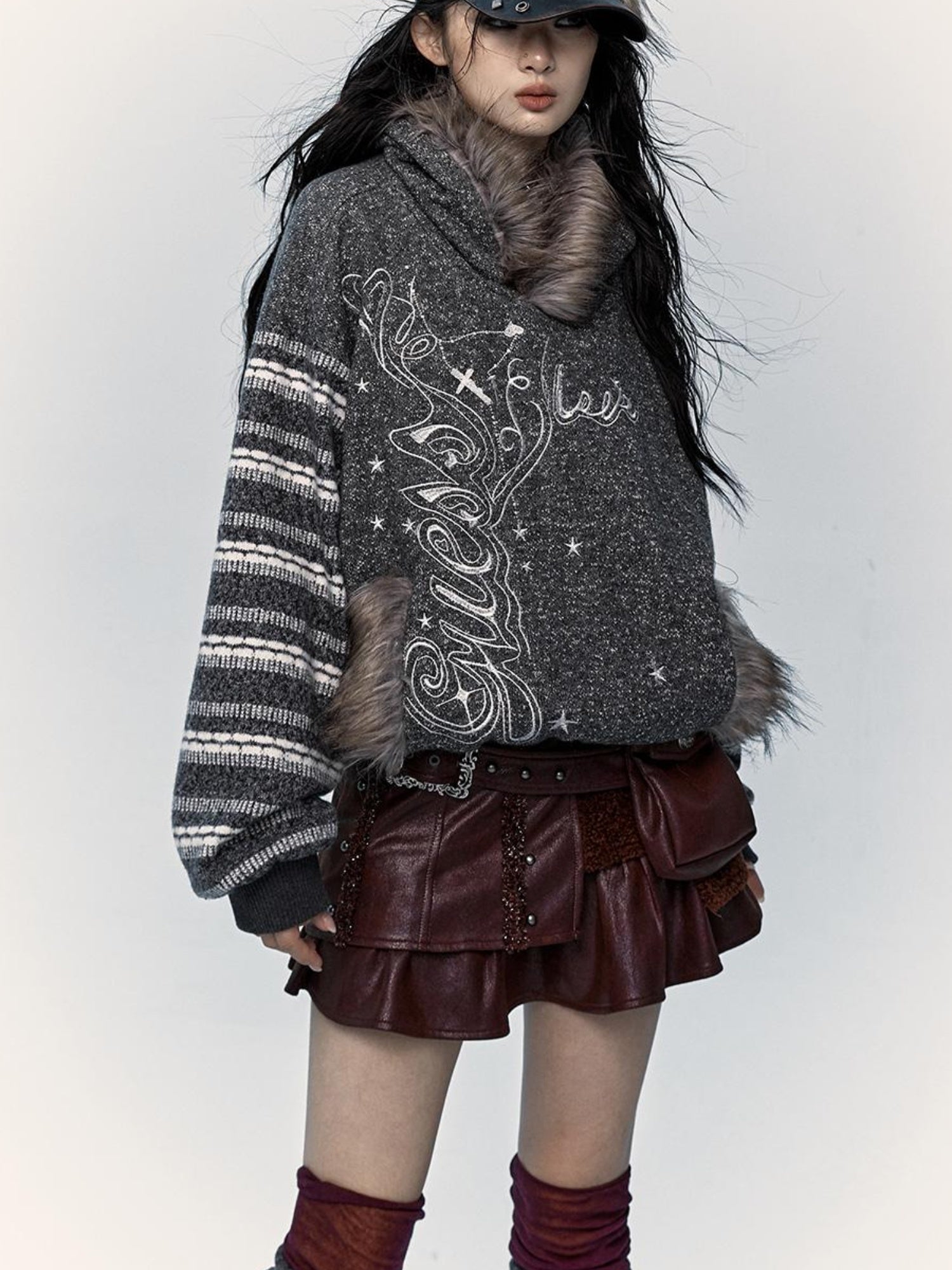 NO ROMANCE Vintage Shibuya Y2K Hoodie Women Loose Fleece Embroidered Pullover