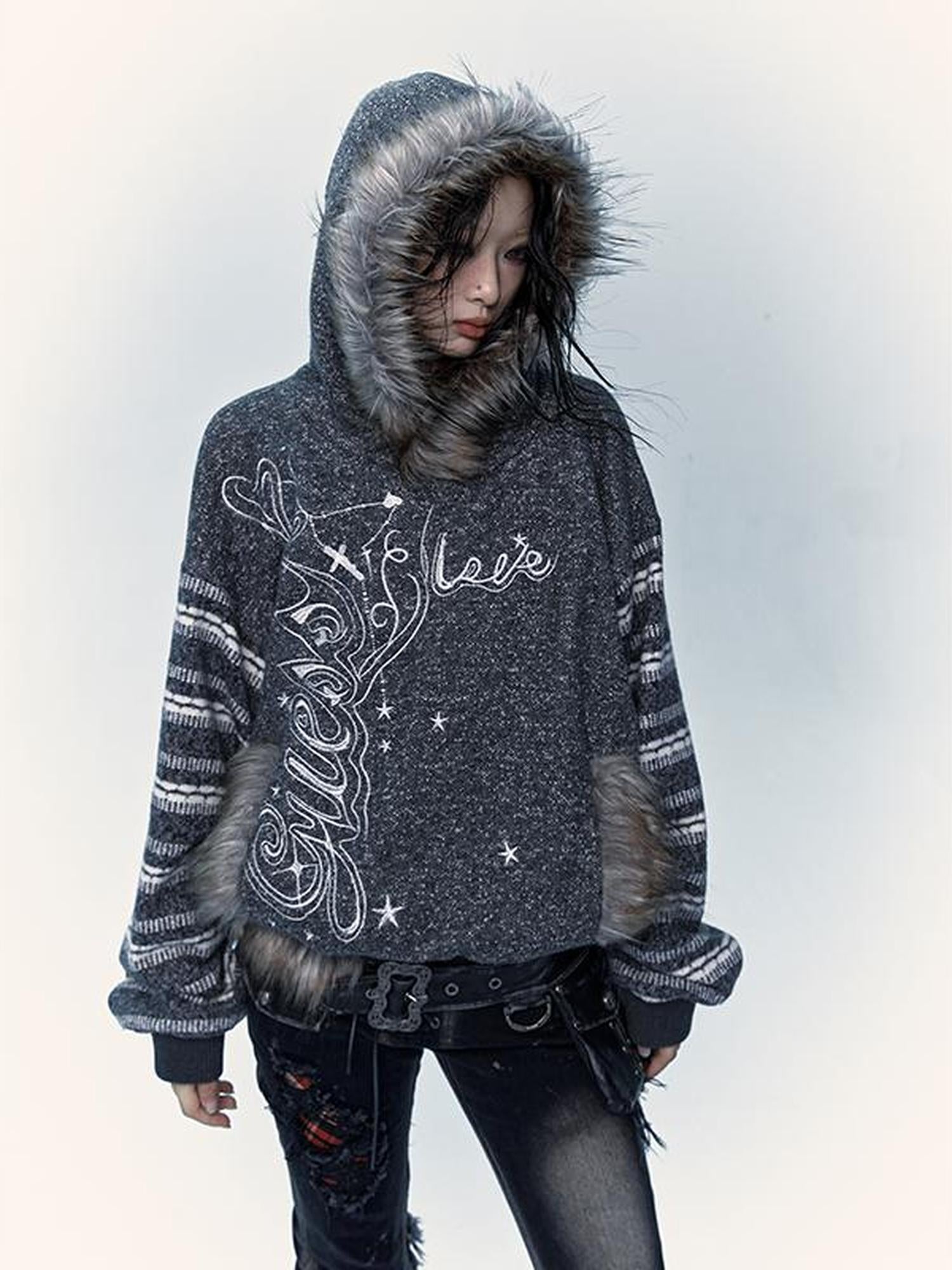 NO ROMANCE Vintage Shibuya Y2K Hoodie Women Loose Fleece Embroidered Pullover