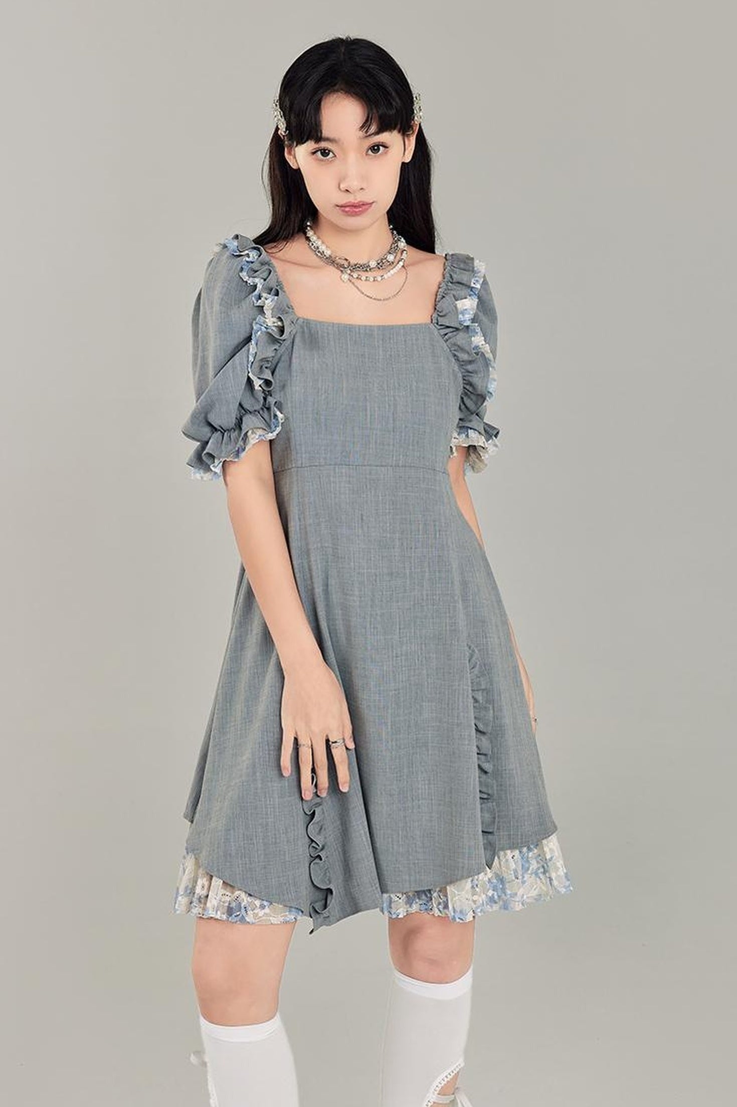 DIDDI MODA Vintage Square Neck Bubble Sleeve Dress With Ruffled Hem