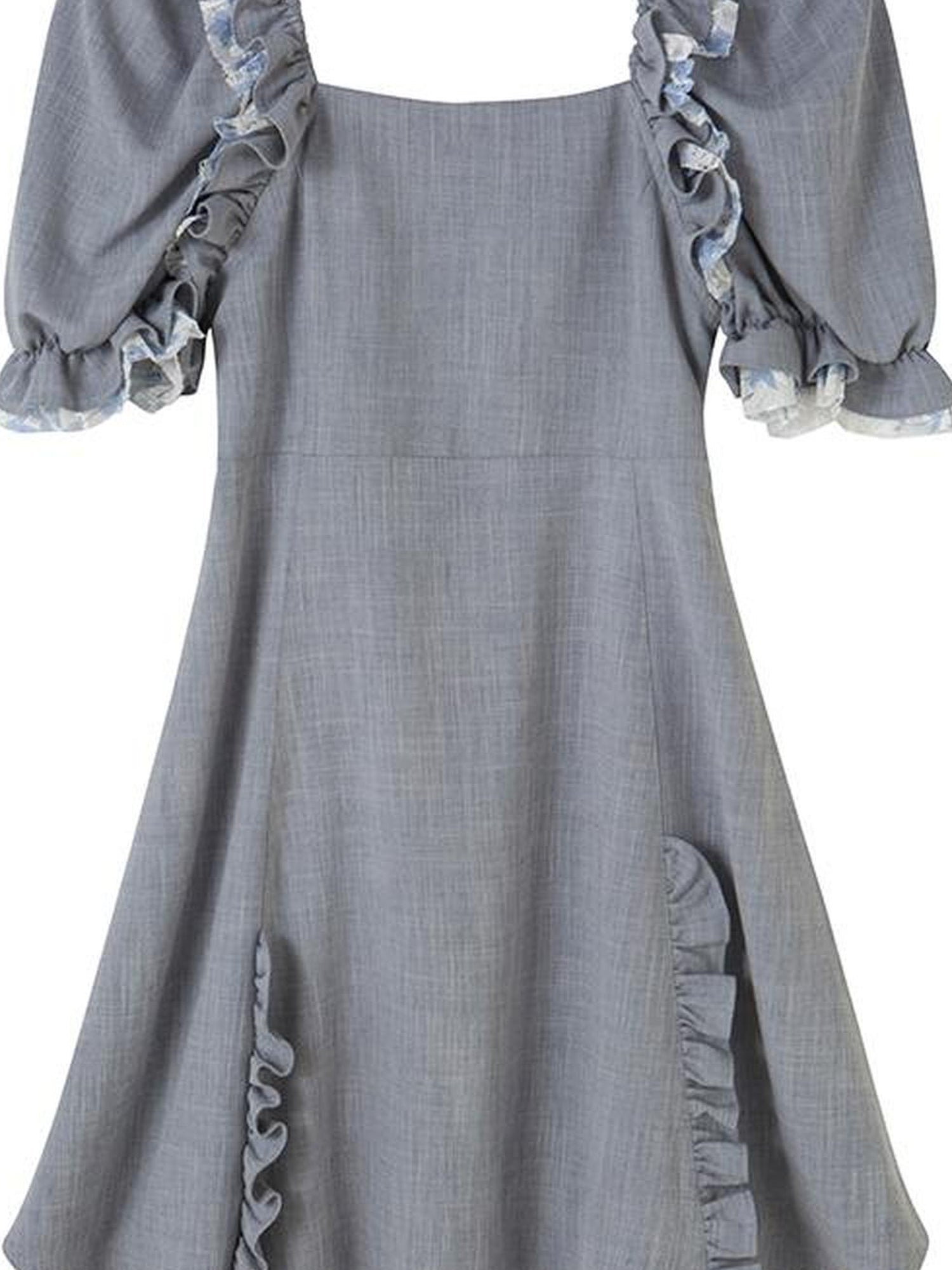 DIDDI MODA Vintage Square Neck Bubble Sleeve Dress With Ruffled Hem