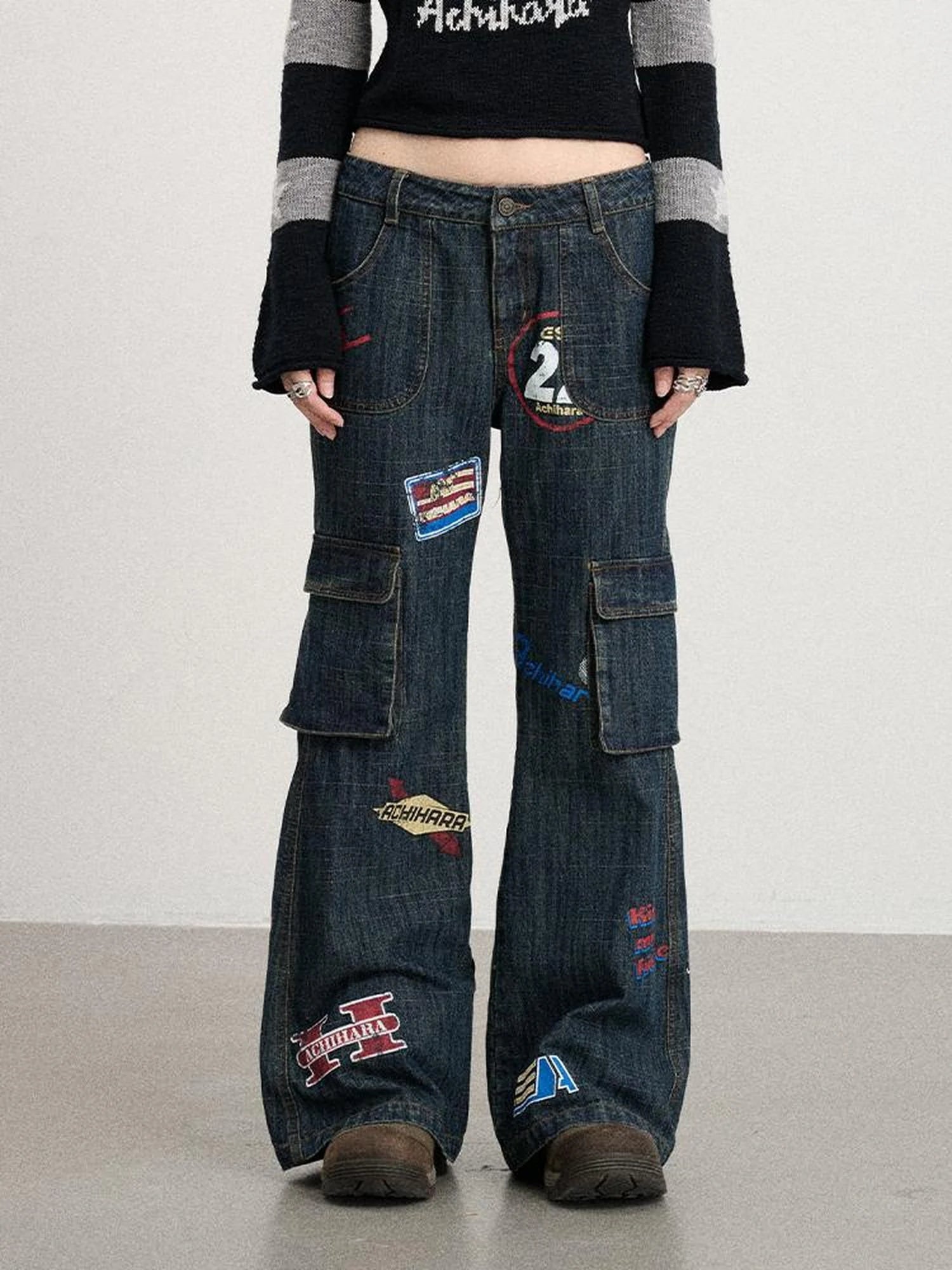 Vintage Stamp Washed Denim Flare Jeans