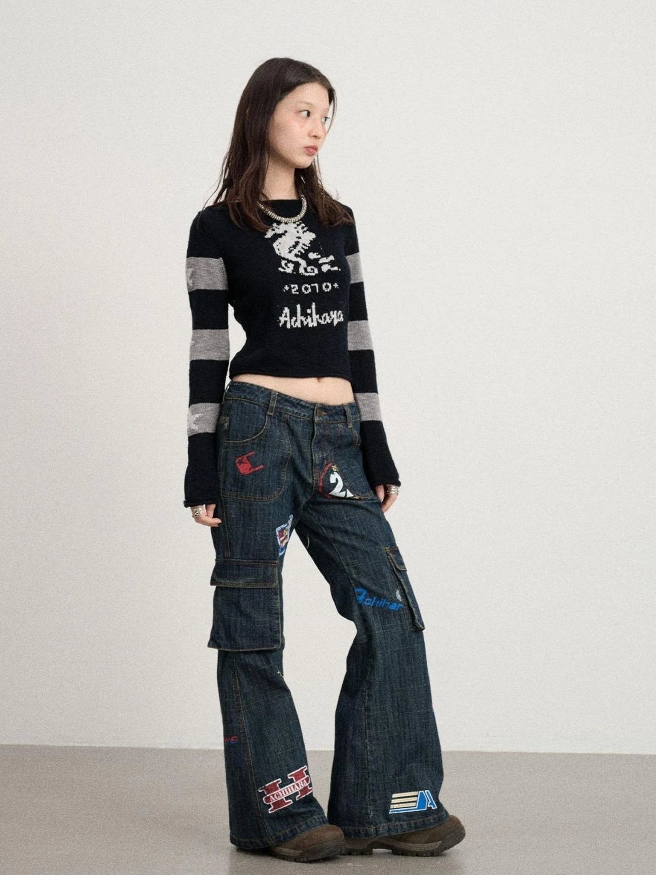 Vintage Stamp Washed Denim Flare Jeans