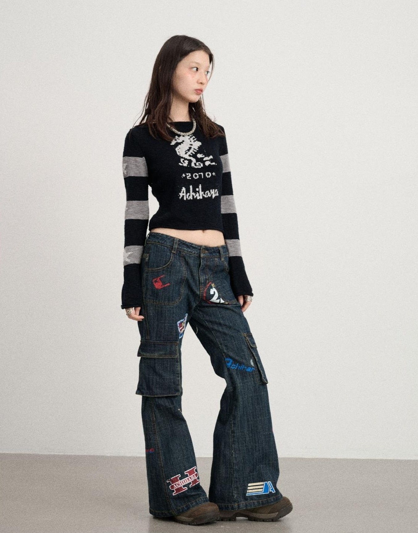 Achihara Vintage Stamp Washed Denim Flare Jeans