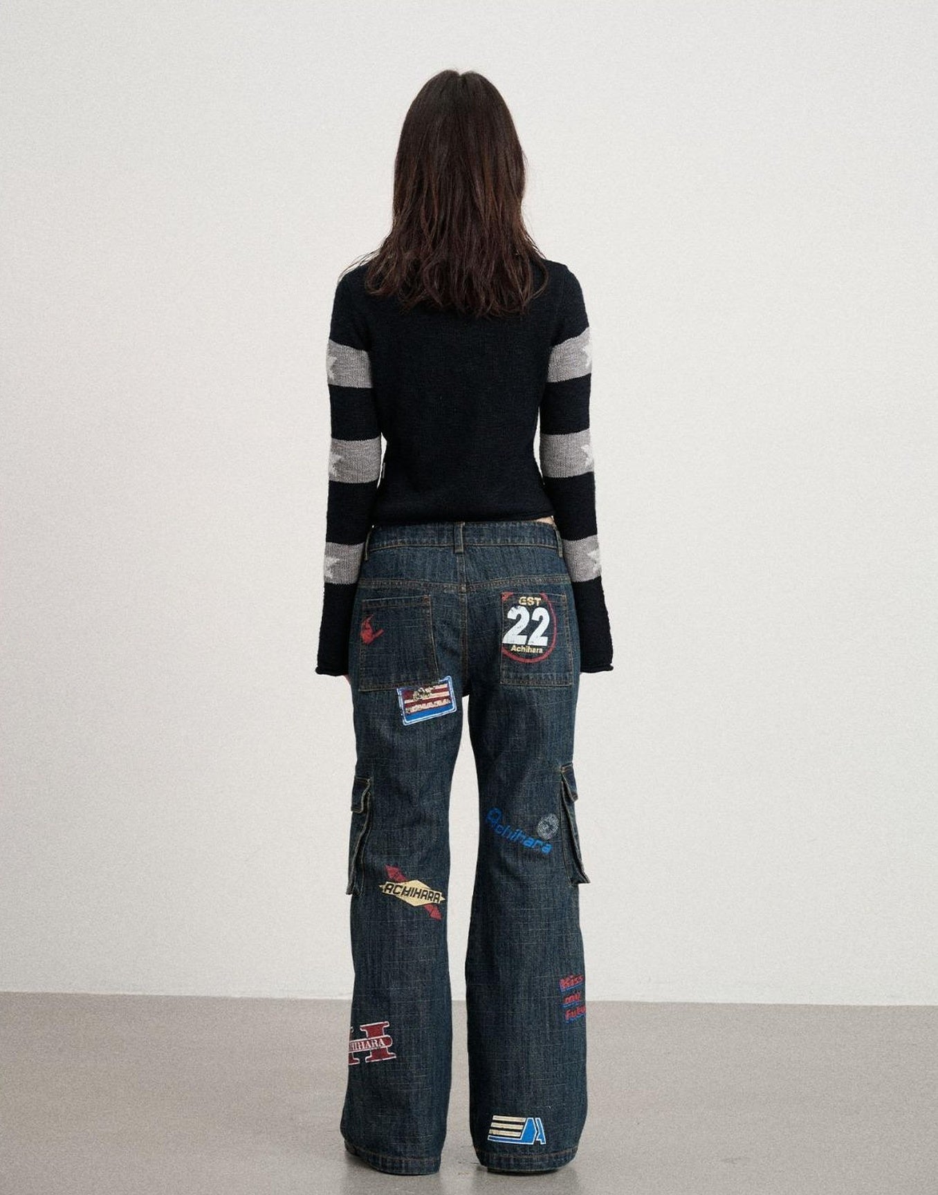 Achihara Vintage Stamp Washed Denim Flare Jeans