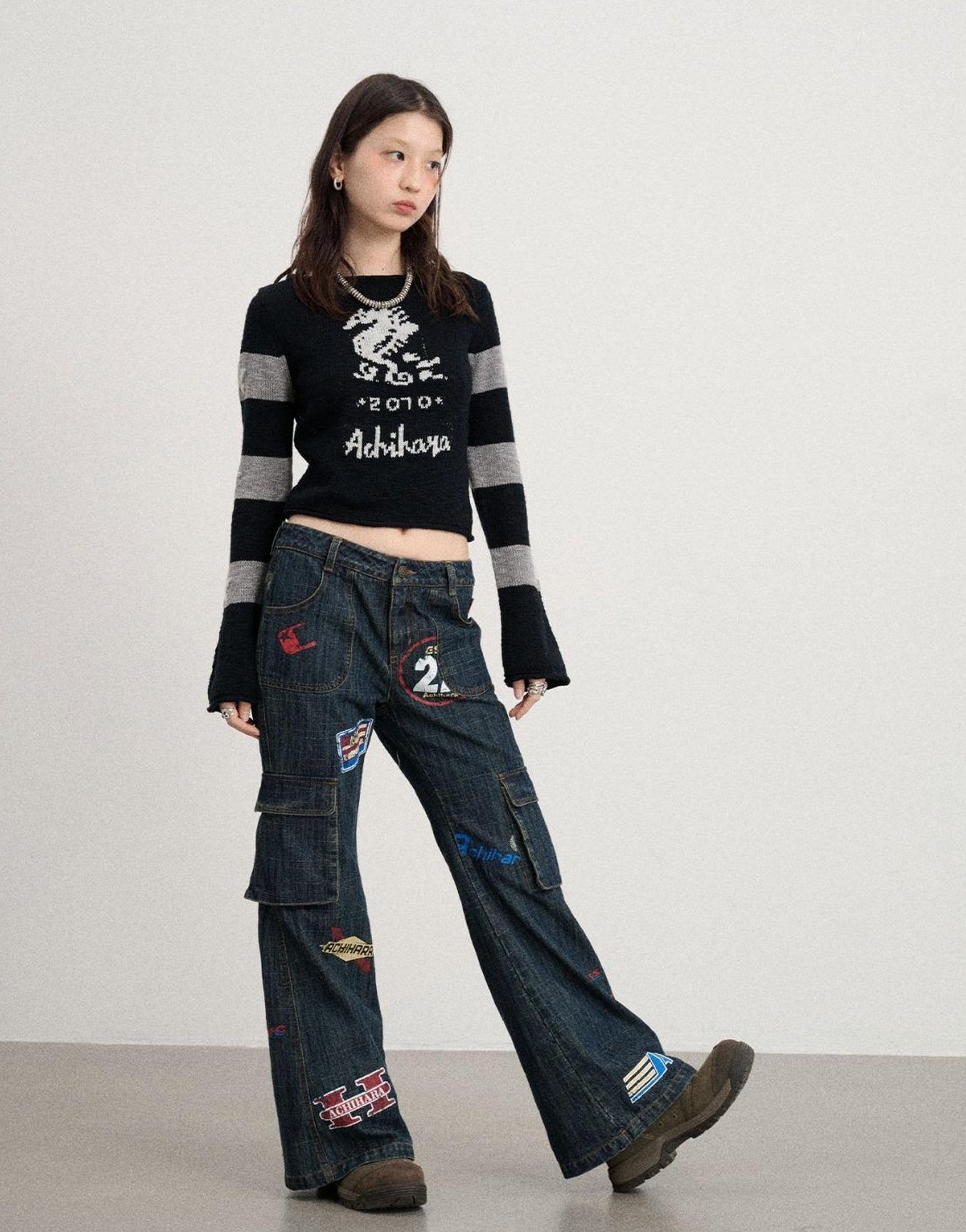 Achihara Vintage Stamp Washed Denim Flare Jeans