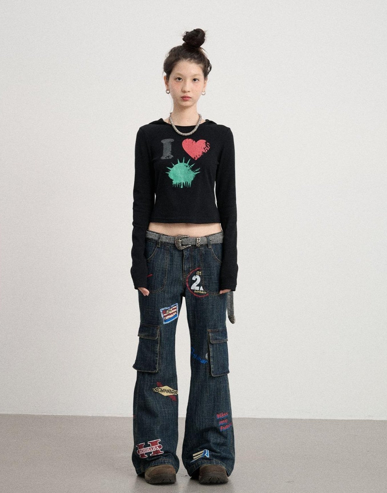 Achihara Vintage Stamp Washed Denim Flare Jeans