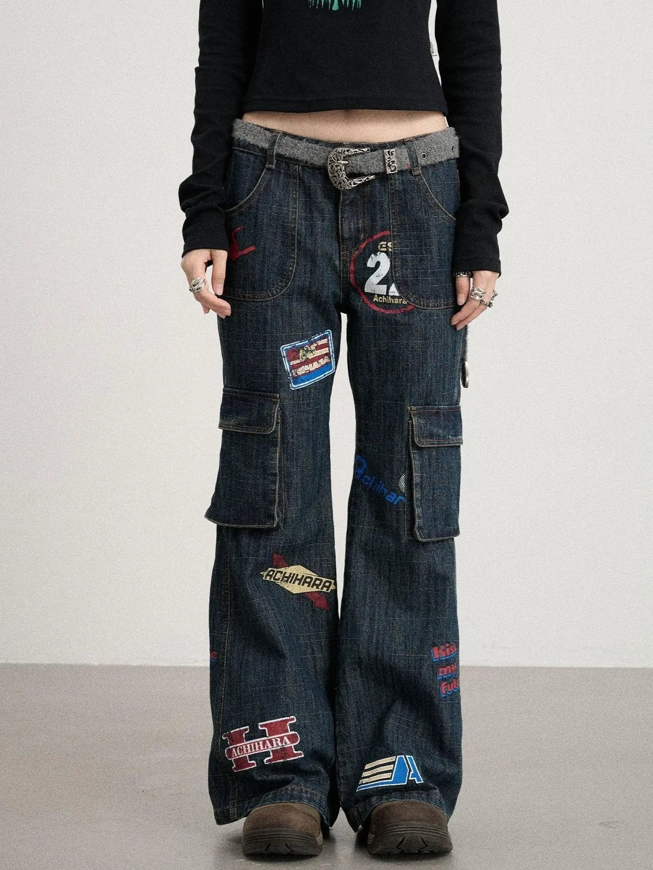 Vintage Stamp Washed Denim Flare Jeans