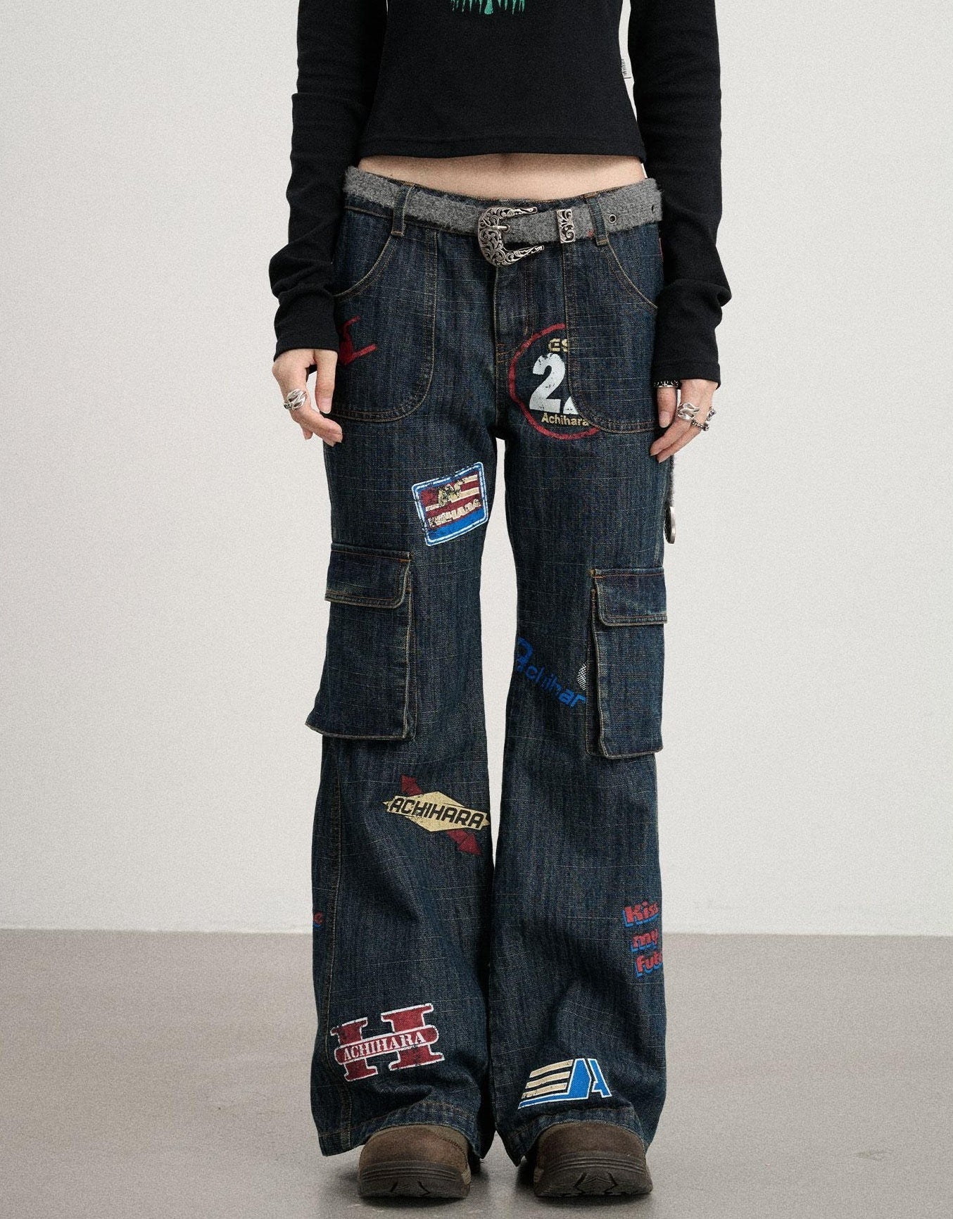 Achihara Vintage Stamp Washed Denim Flare Jeans