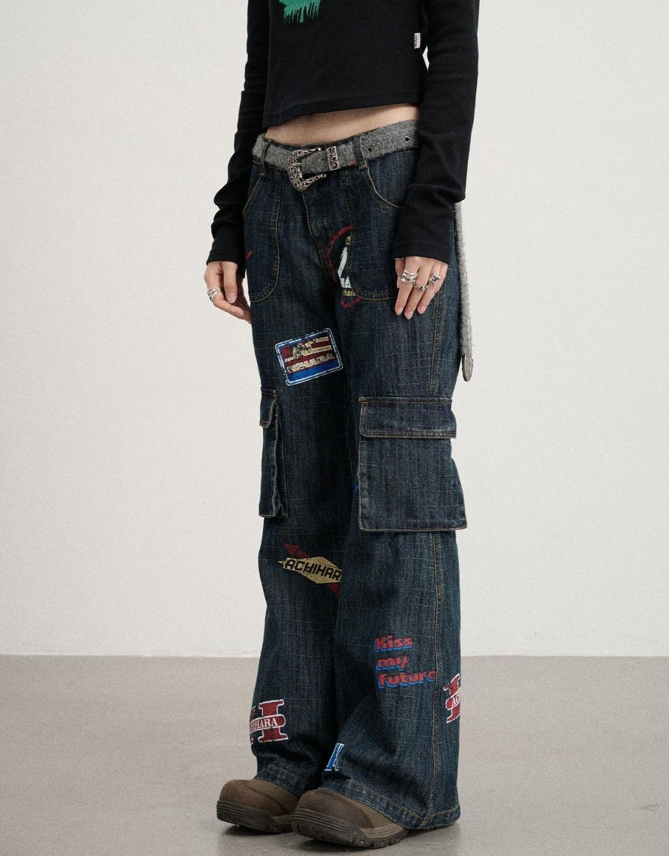 Achihara Vintage Stamp Washed Denim Flare Jeans