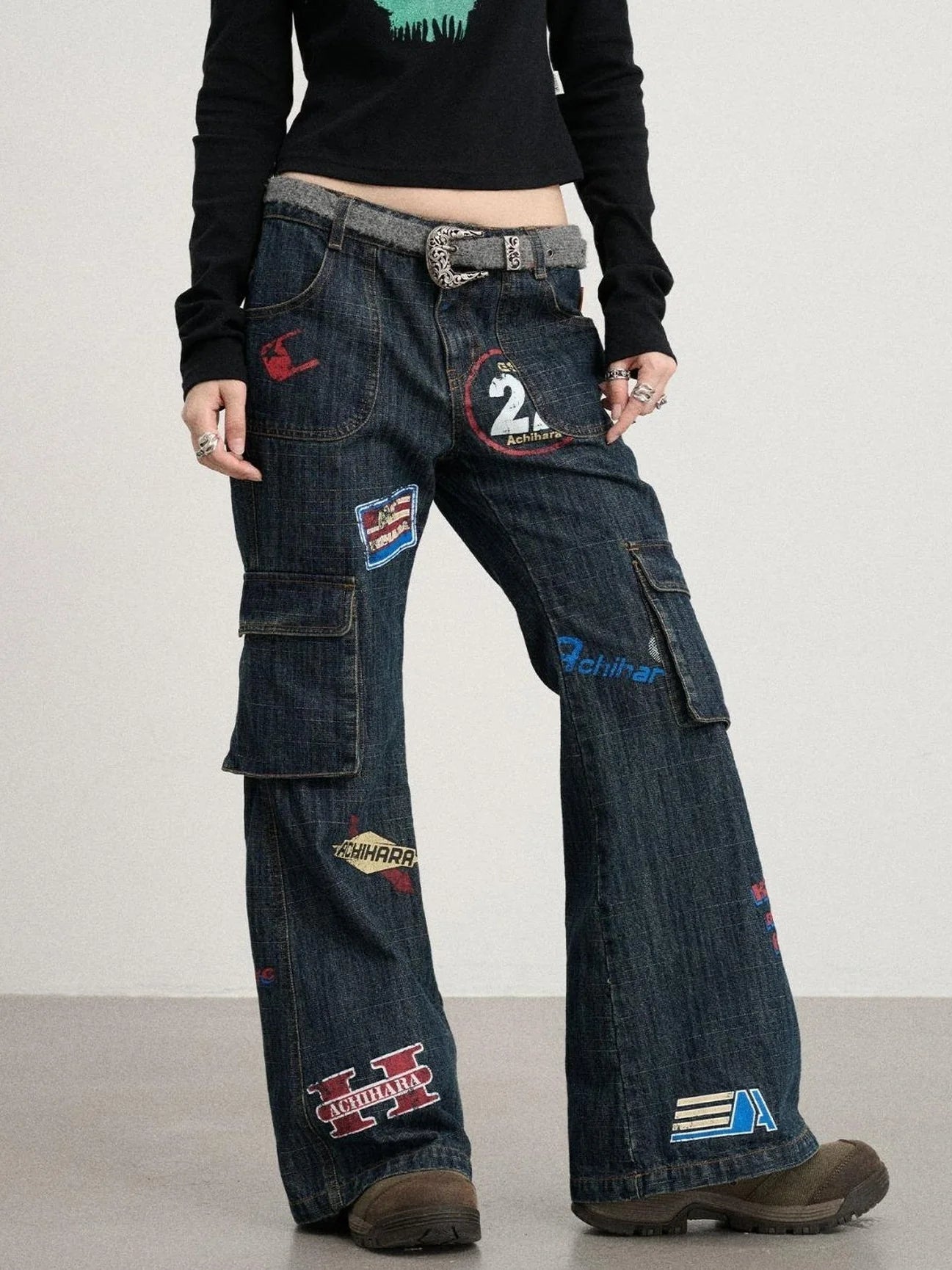 Vintage Stamp Washed Denim Flare Jeans