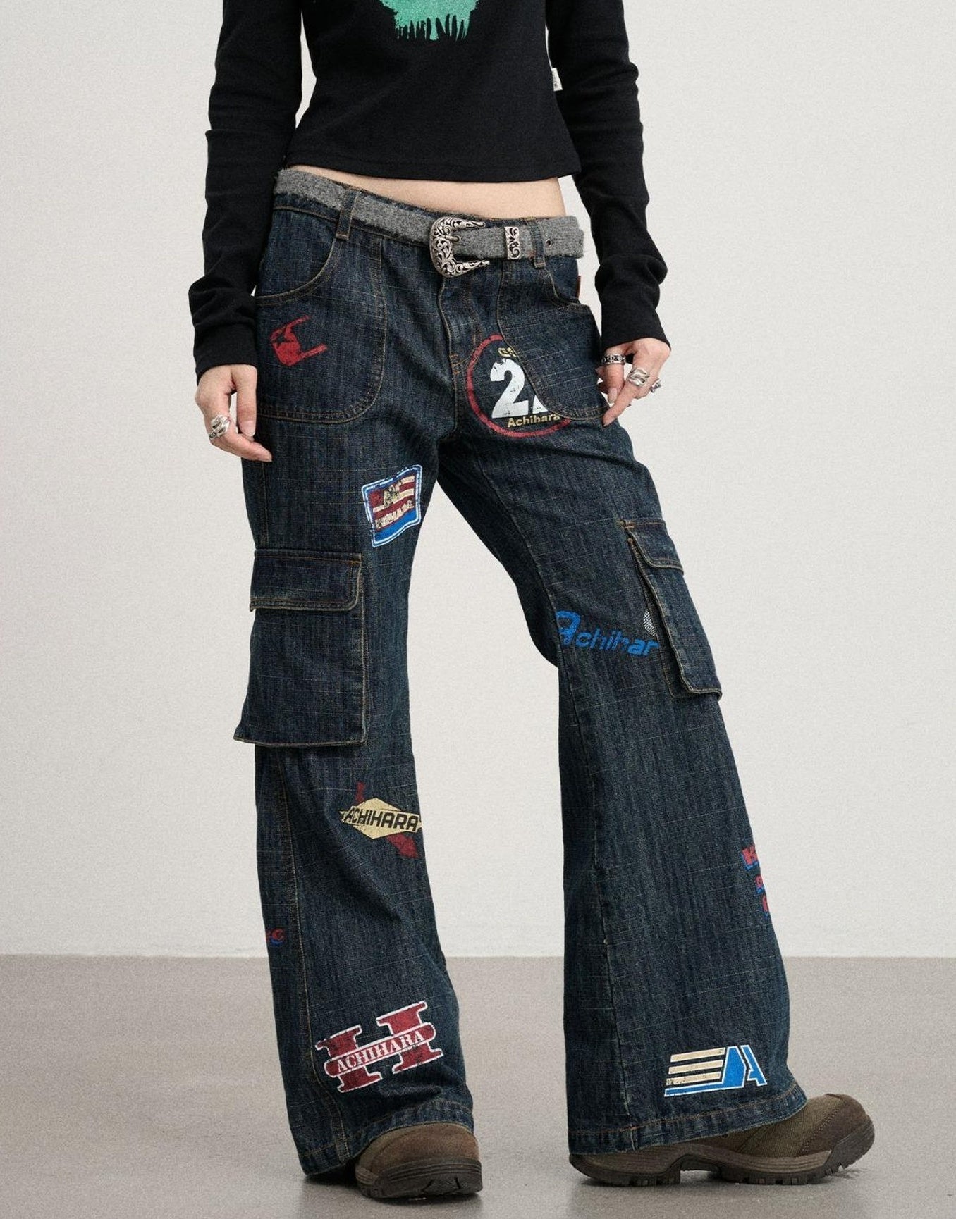 Achihara Vintage Stamp Washed Denim Flare Jeans