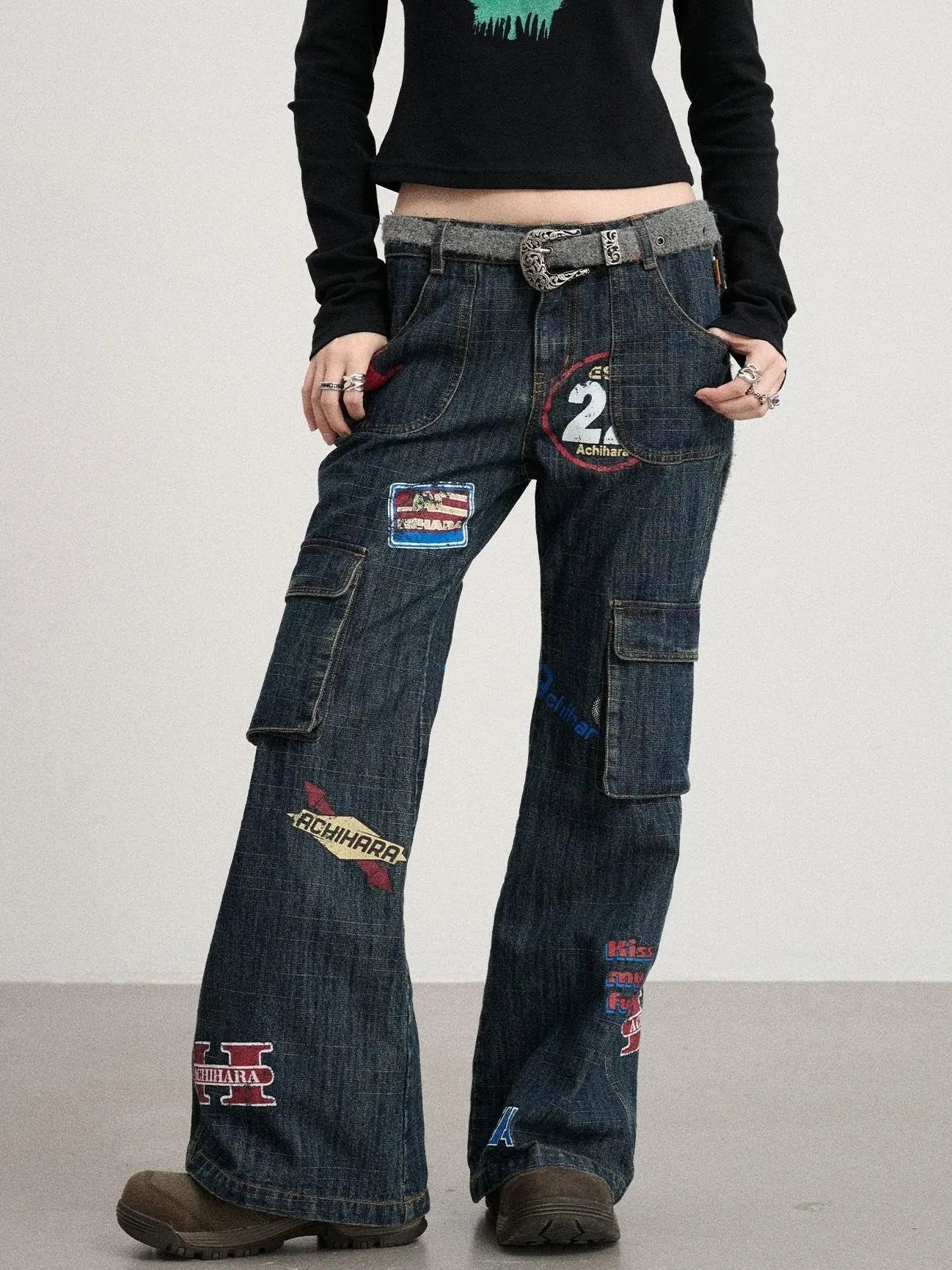 Vintage Stamp Washed Denim Flare Jeans