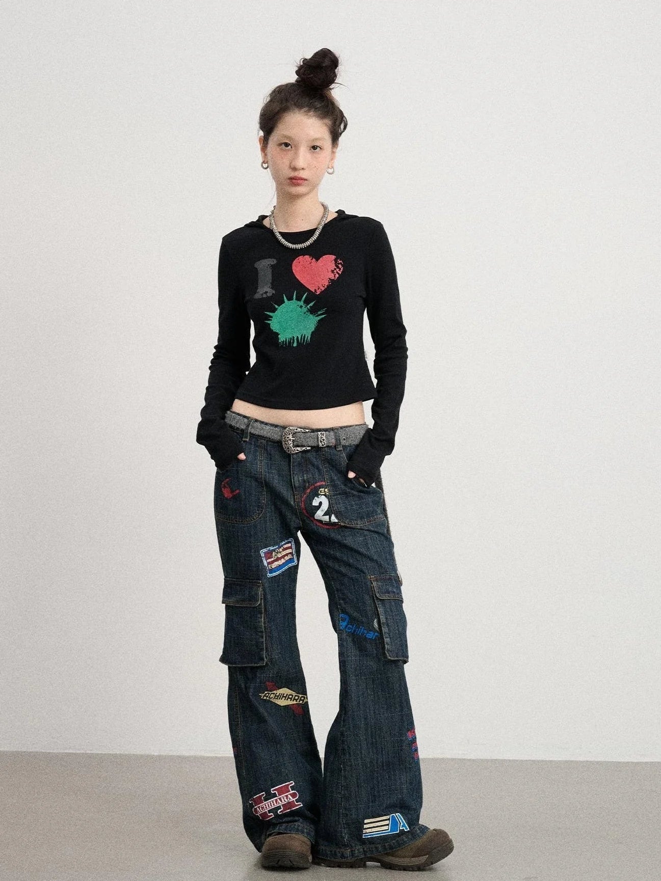 Vintage Stamp Washed Denim Flare Jeans