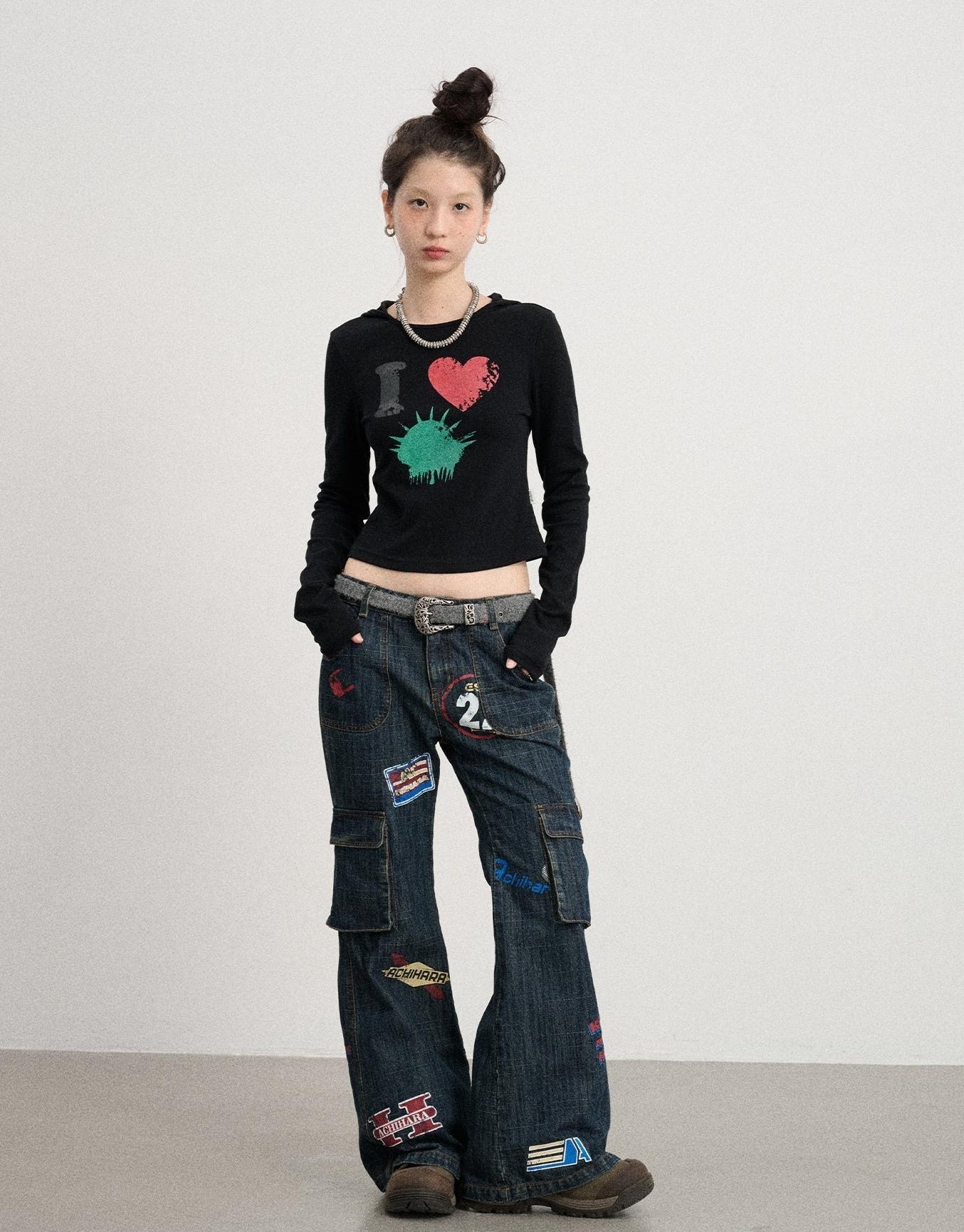 Achihara Vintage Stamp Washed Denim Flare Jeans