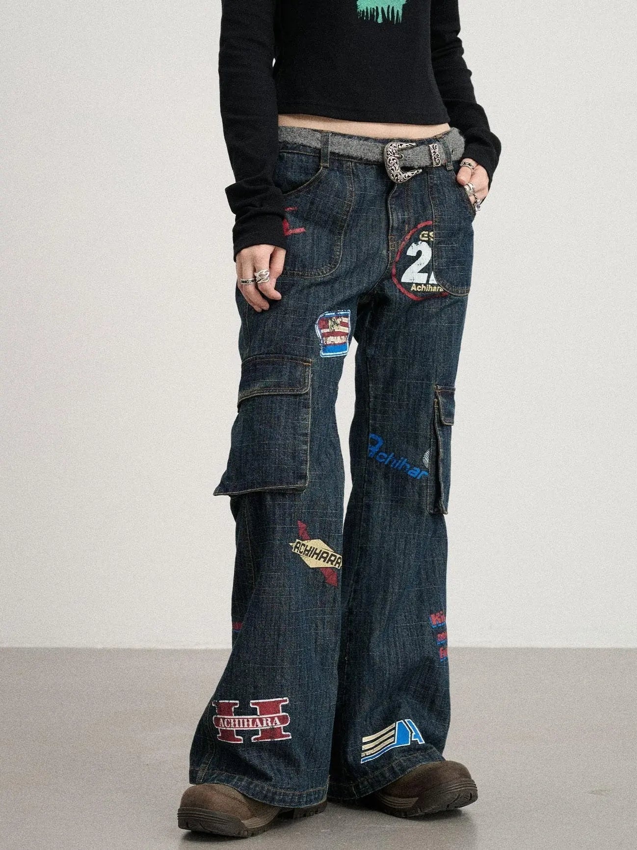 Vintage Stamp Washed Denim Flare Jeans