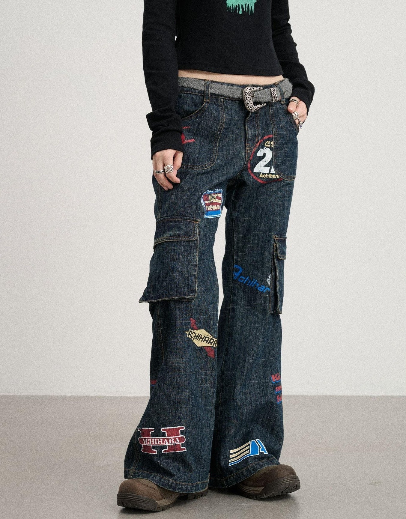 Achihara Vintage Stamp Washed Denim Flare Jeans