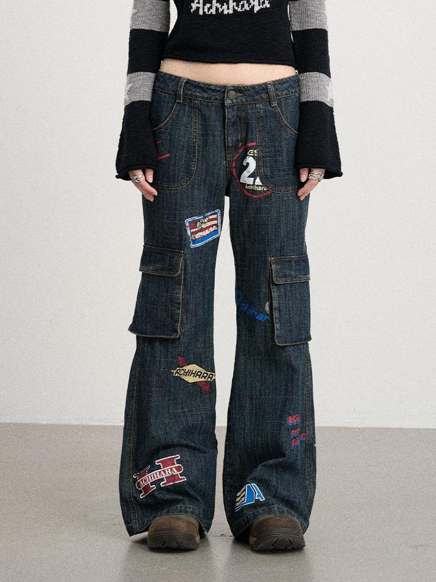 Achihara Vintage Stamp Washed Denim Flare Jeans