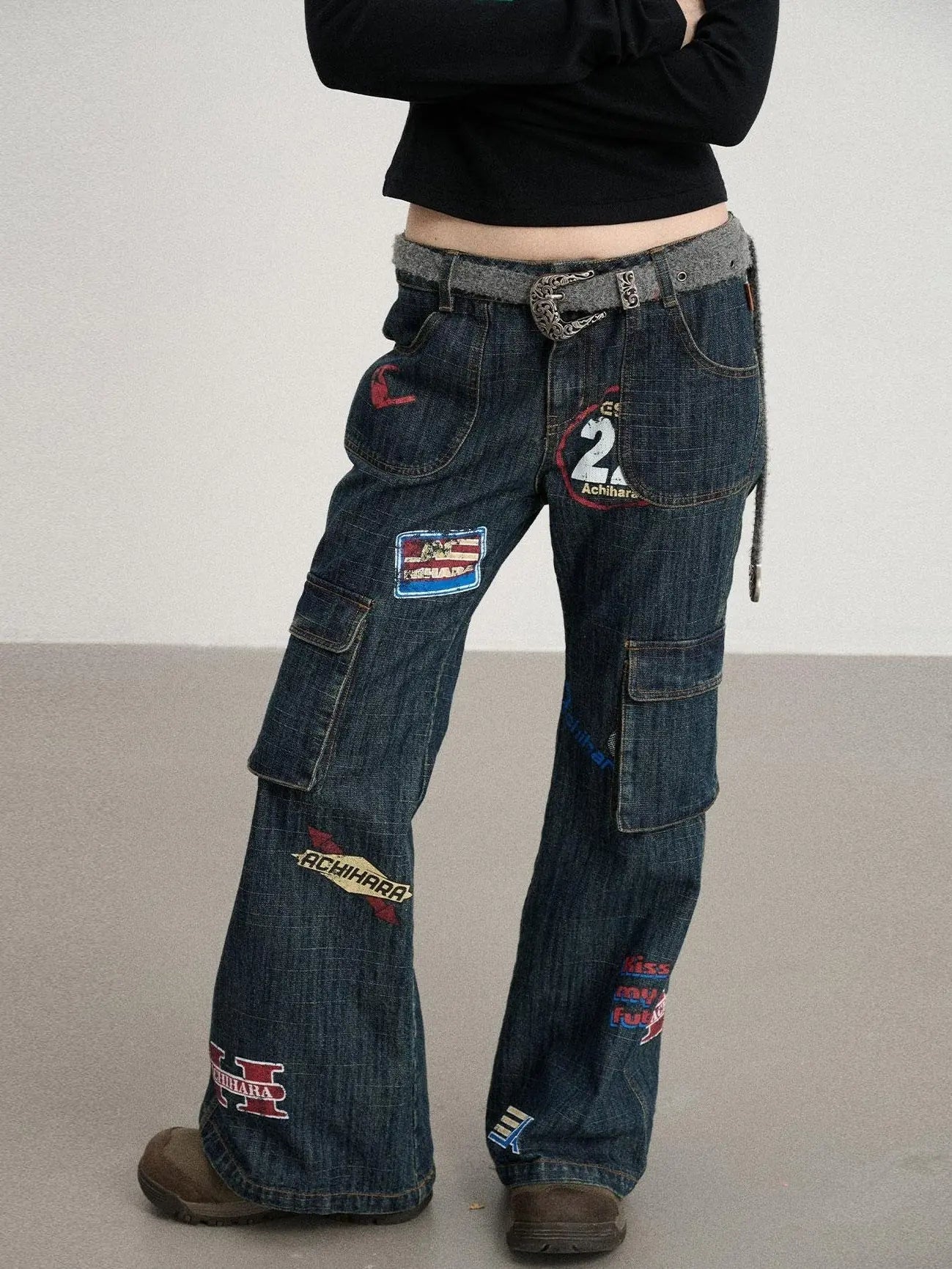 Vintage Stamp Washed Denim Flare Jeans