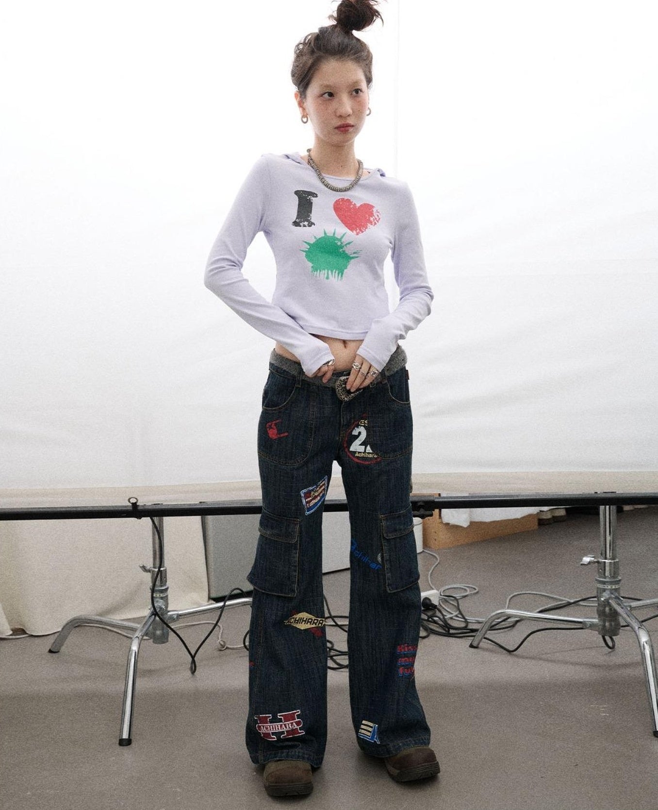 Achihara Vintage Stamp Washed Denim Flare Jeans