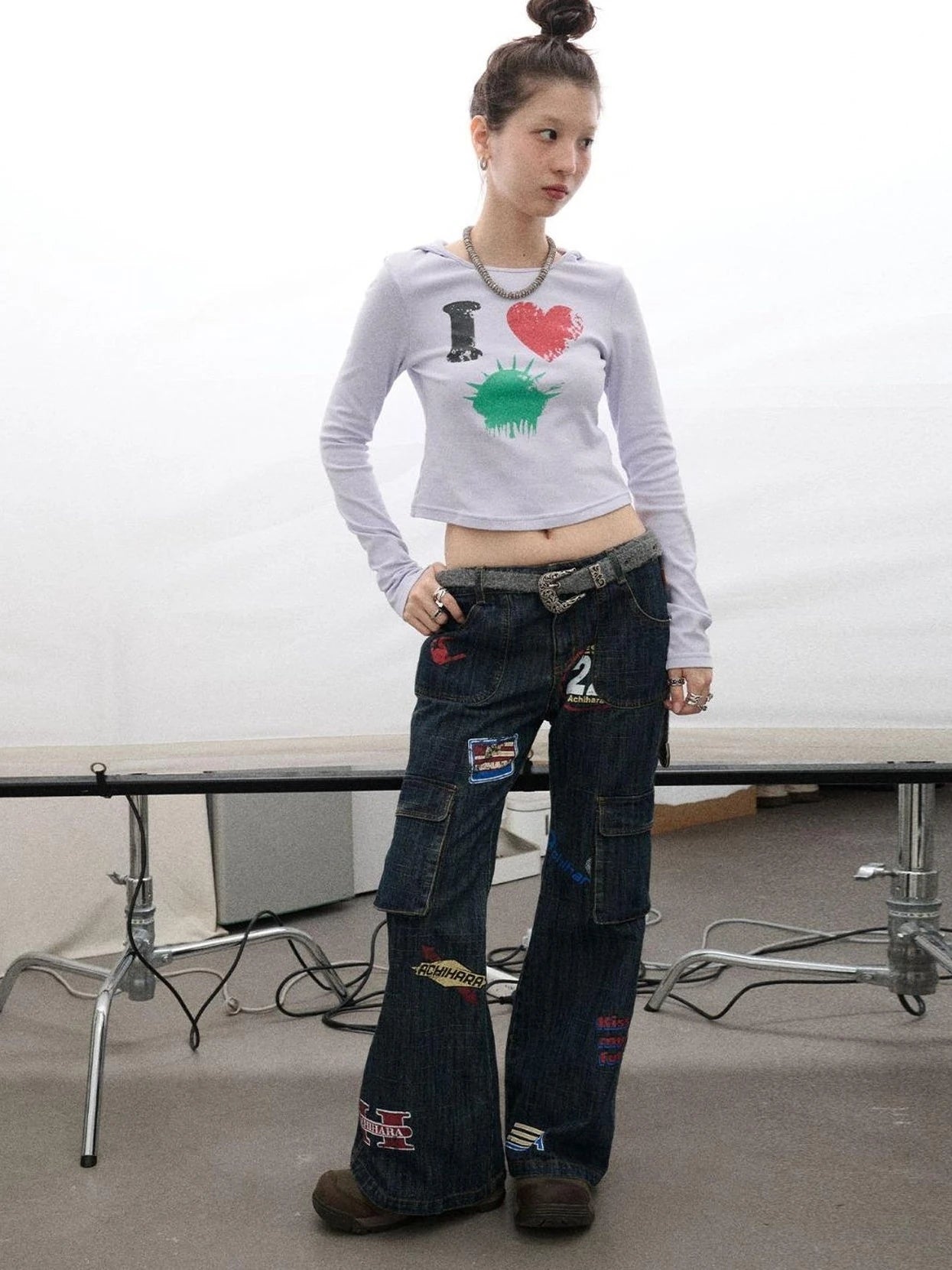 Vintage Stamp Washed Denim Flare Jeans