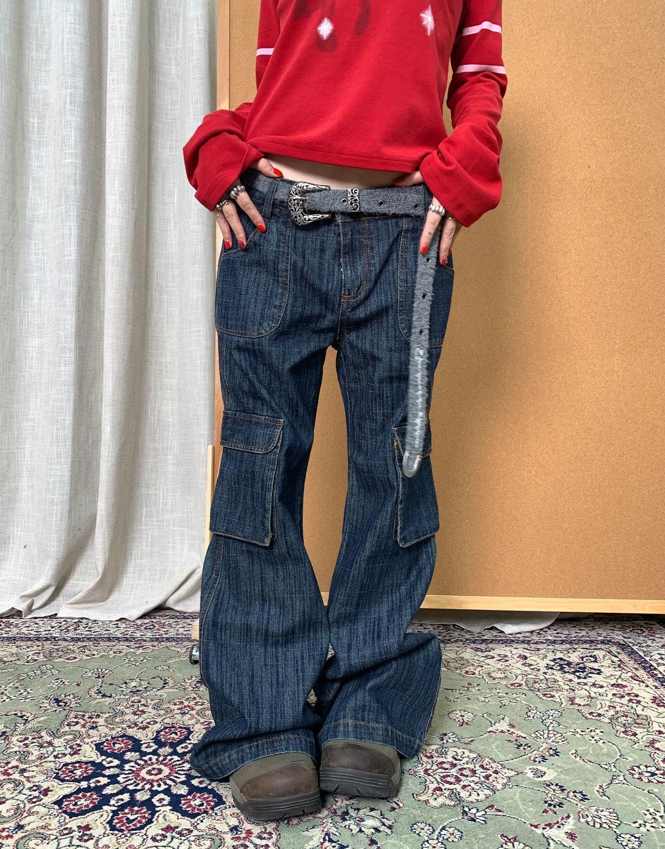 Achihara Vintage Stamp Washed Denim Flare Jeans