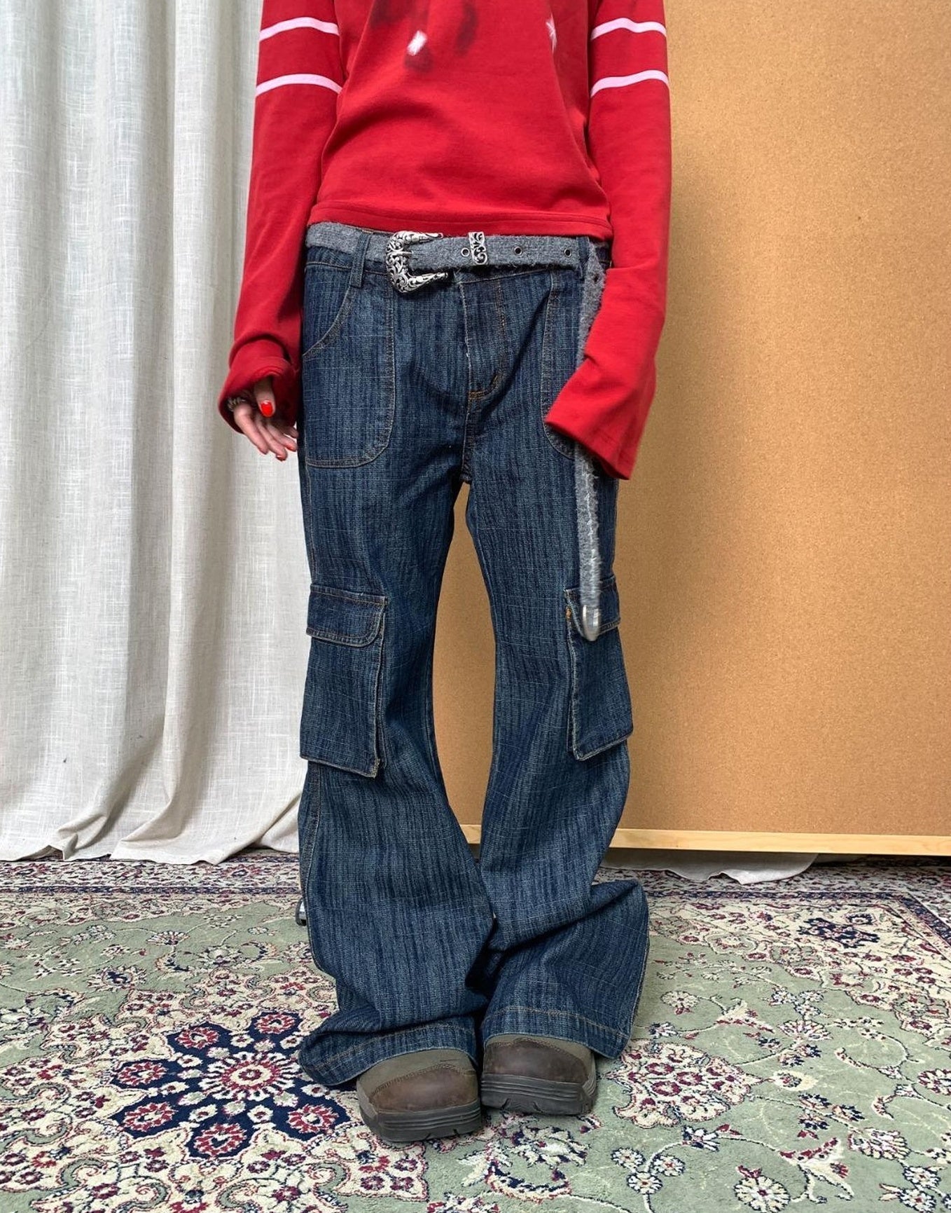Achihara Vintage Stamp Washed Denim Flare Jeans
