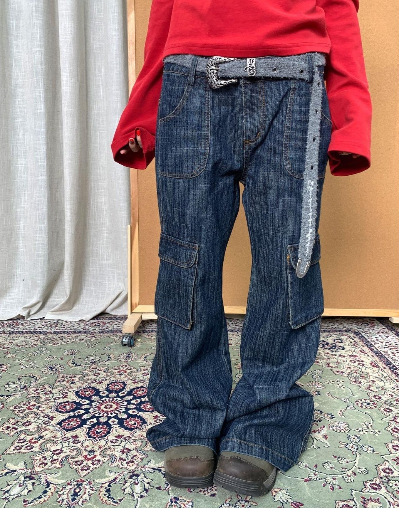 Achihara Vintage Stamp Washed Denim Flare Jeans