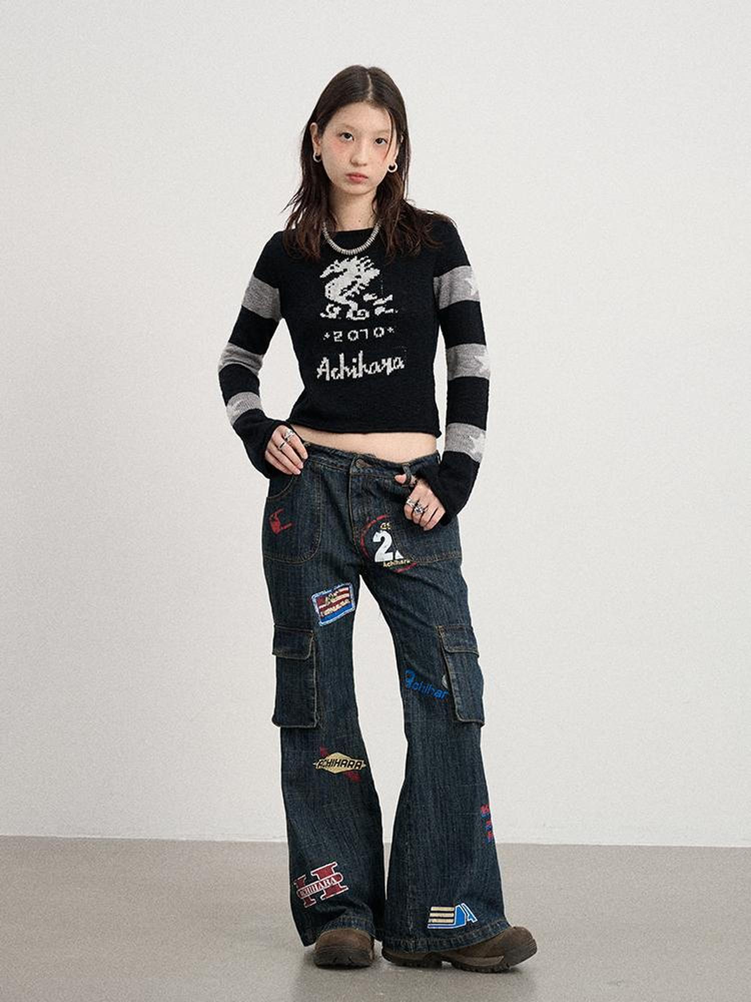Achihara Vintage Stamp Washed Denim Flare Jeans