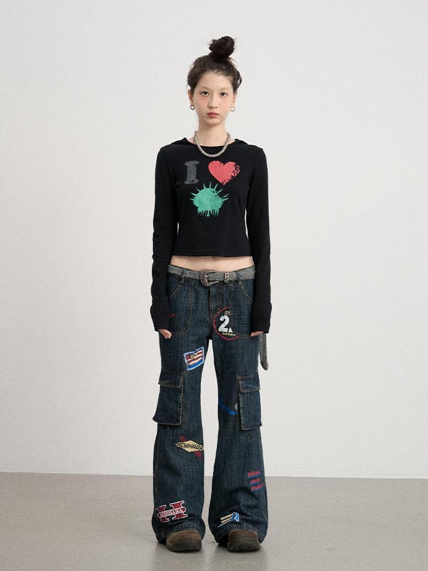 Achihara Vintage Stamp Washed Denim Flare Jeans