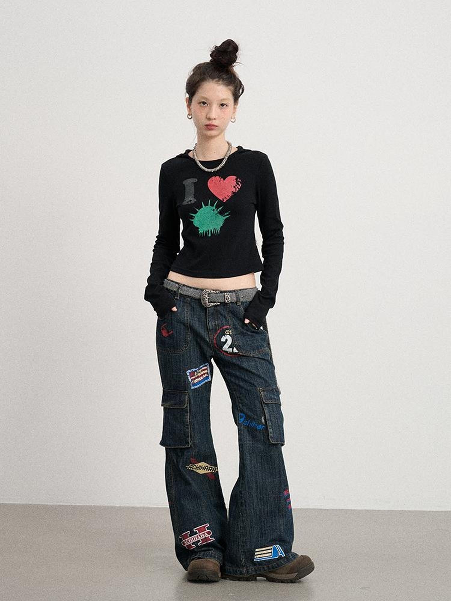 Achihara Vintage Stamp Washed Denim Flare Jeans